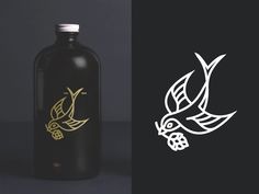 a bottle with a bird drawn on it next to a black and white logo design