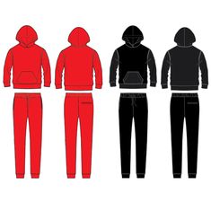 three men's hoodies and sweatpants are shown in black, red, and white