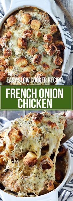 this easy slow cooker recipe is perfect for french onion casserole it's loaded with cheese and chicken