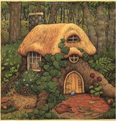 an illustration of a small house in the woods