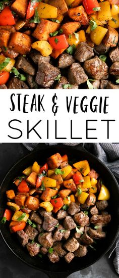 steak and veggie skillet with text overlay