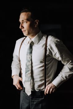 Suspenders + a marble patterned tie for this stylish groom | Image by Swak Photography Groom Attire Suspenders, Backyard Wedding Groom Attire, Backyard Wedding Groom, Intimate Living Room, Backyard Wedding Food, Groom Prep, Breakfast For Two, Backyard Wedding Ceremony