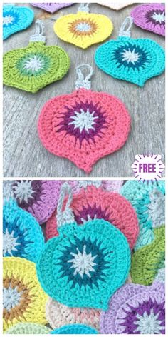 crocheted heart ornament is shown in two different colors and the same size