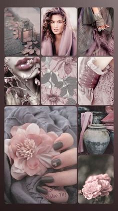 a collage of photos with pink flowers on them