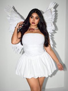 ICON Plus Size Strapless White Puffy Dress, Halloween Costume White Casual  Sleeveless Mesh Fabric Plain A Line High Stretch  Women Plus Clothing, size features are:Bust: ,Length: ,Sleeve Length: Plus Size Angel Costume, Halloween Costumes Women Plus Size, White Puffy Dress, Plus Size Halloween Costumes, Puffy Dresses, Angel Costume, Bubble Dress, Fantasias Halloween, Dress Halloween Costume