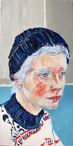 a painting of an older woman with white hair wearing a blue hat and sweater, looking to the side