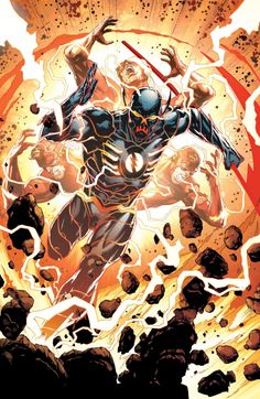 an image of a comic character in the midst of rocks and fire with his arms outstretched