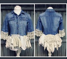 Country Chic Clothing, Diy Lace Jeans, Pearls Outfit, Crochet Ruffles, Country Chic Outfits, Jacket Crochet, Boho Chic Clothing