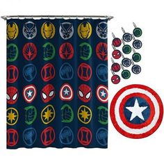 the avengers shower curtain and bath mat are next to an image of captain america's shield