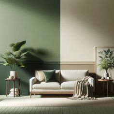 a living room with green walls and white couches, potted plants on the side table