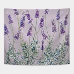 purple flowers and green leaves are featured on this wall hanging art print, which is also available in multiple sizes