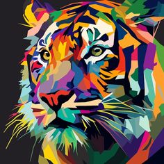 a colorful tiger is shown on a black background with the colors of multi - colored paint