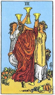 the rider tarot card shows two women holding cups in their hands, and one is holding