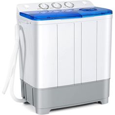 a white and blue washing machine on a white background