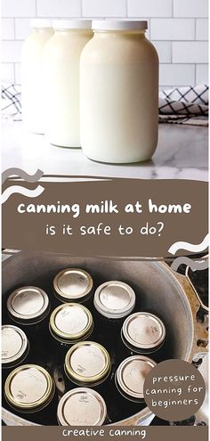 two jars filled with milk sitting on top of a stove