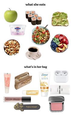 an image of food and drinks with the words what she eats, what's in her bag