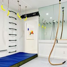 an empty room with ropes hanging from the ceiling and a blue mat on the floor