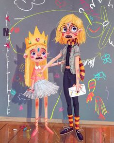 two cartoon characters standing in front of a chalkboard