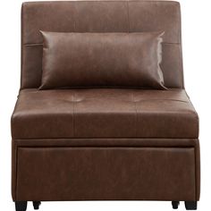 a brown leather chair with two pillows on it's back and the seat upholstered