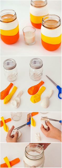 there are several different pictures of how to use mason jars with food colorings on them