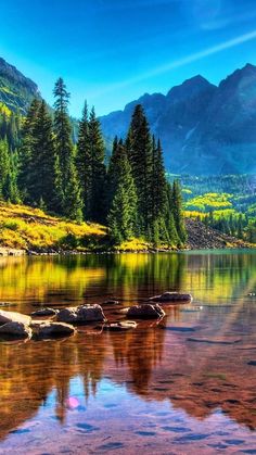 a mountain lake surrounded by trees and rocks