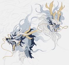 two white and blue dragon heads with yellow horns on their backs, one is facing the opposite direction