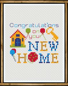 congratulations cross stitch pattern with balloons and house