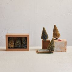 three small trees sitting in a box on top of a white table next to an open book