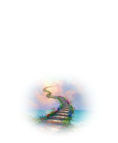 a spiral staircase leading to the ocean with flowers growing on it's sides, in front of a cloudy sky