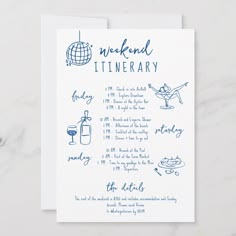 a card with the words weekend itinerary written in blue ink on white paper