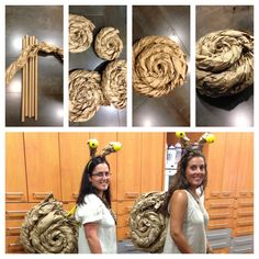 three pictures show the process of making yarn wreaths