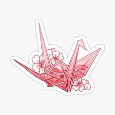 an origami sticker with pink flowers and leaves on the bottom, against a white background