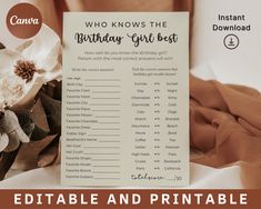 Who Knows Birthday Girl Best: It's the perfect addition to your birthday party, who knows the birthday girl best " with this modern minimalist birthday game, Test your womens birthday party guests how well they know the birthday young lady and play how well do you know, birthday quiz game, fun birthday games, how well do you know, teen birthday games, Women Birthday Games, sweet sixteen games, teen birthday games, birthday quiz game, fun birthday games, Girl Birthday Trivia, would she rather Follow Our Store: https://www.etsy.com/shop/AestheticPaperie FEATURES: Instant download Text is customizable on Canva Easy to edit Download multiple times Lifetime access to your template HOW TO USE: Make your purchase Download your files from Etsy (Files can be found at checkout or in the "Purchase an Sweet Sixteen Games, Fun Birthday Games, Teen Birthday Games, Birthday Trivia, Birthday Quiz, Editable Birthday Cards, Womens Birthday, Minimalist Birthday, Woman Birthday Party