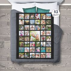 an image of a bed with many pictures on the cover and pillow cases in it