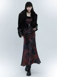 ❤︎Ghost Girl Dark Mode Velvet Fishtail Dress❤︎ Red Gothic Dress For Fall, Red Dress For Halloween Alternative Fashion, Grunge Long Sleeve Party Dress, Grunge Long Sleeve Fitted Dress, Fitted Long Sleeve Grunge Dress, Vampire Style Party Dress For Fall, Painting Skirt, Velvet Mermaid Dress, Ghost Girl