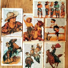 six pictures of cowboys on old books with cowboy hats and lasso, one is riding a horse