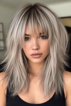 Ash Blonde Shag Haircut, Long Blonde Shag Haircut No Bangs, Platinum Wolf Cut, Medium Layer Haircut, Bardot Haircut, Shag Blonde, Shaggy Medium Hair With Bangs