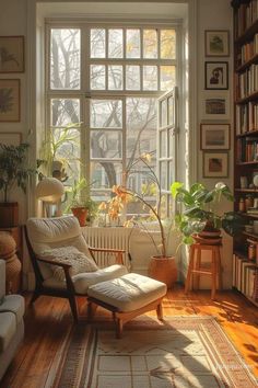 a living room filled with furniture and bookshelves next to a window covered in plants