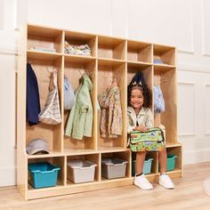 Maximize space and keep your room organized and clutter-free with the ECR4Kids 5-Section Coat Locker with Bench. The wooden locker features five long compartments with ten double coat hangers for sweaters, toddler backpacks, and umbrellas. Give children their own separate cubby storage to keep art projects, homework, and personal belongings organized. Little ones can use the bench to take off their shoes or put them back on and tie their laces. Pair with ECR4Kids Scoop Front Storage Bins to keep Montessori Storage, School Coat, Wooden Lockers, Wooden Cubby, Wood School, Home Lockers, School Storage, Cubby Storage, Classroom Furniture