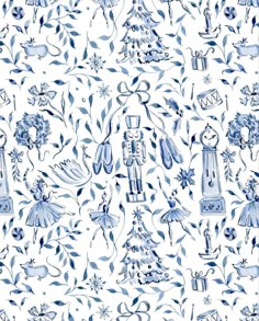 a blue and white wallpaper with various items on it