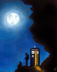 a painting of a doctor who is standing in front of a tardish and the moon