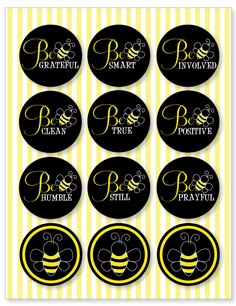 bee themed stickers are shown in black and yellow