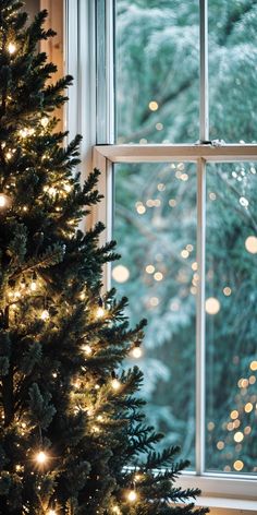 a small christmas tree in front of a window with lights on the outside and inside