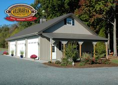 a garage is shown in front of some trees