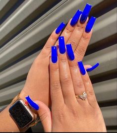 Blue Pedicure, Blue Coffin Nails, Royal Blue Nails, Long Square Nails, Hair Glitter, Tapered Square Nails, Fancy Nails Designs