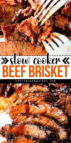 Try this Crockpot Brisket Recipe! It's a perfect main dish for Christmas dinner. Tender and juicy with so much flavor from a homemade BBQ sauce, this slow cooker beef brisket is a Christmas dinner idea everyone will love!