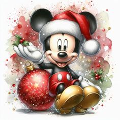 a cartoon mickey mouse with a christmas ornament