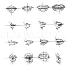 several different types of lips drawn in pencil