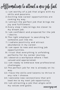 a list with the words affirmmations to attract new job fast