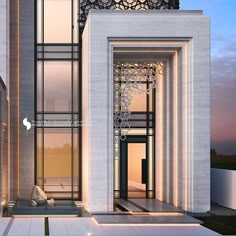 an architectural rendering of a modern house with glass and stone doors, chandelier and windows